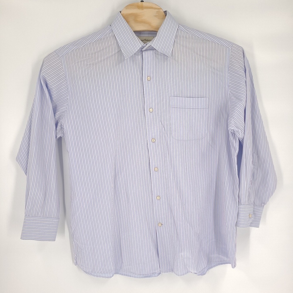 Tommy Bahama Shirt Mens 17 32 33 White Purple Striped Long Sleeve Button Down